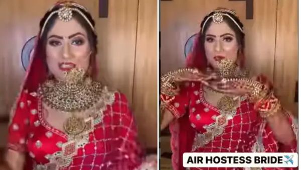 VIDEO: एयर होस्टेस दुल्हन ने लंहगे में दी प्री-फ्लाइट सेफ्टी ब्रीफिंग, यूजर बोले-ऑसम