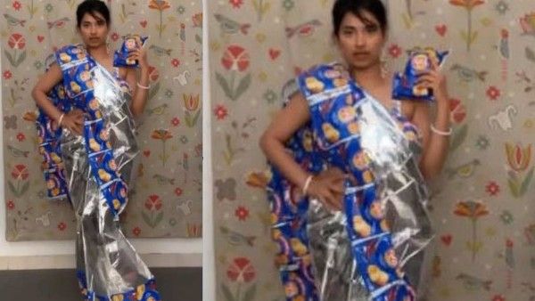 इस महिला का फैशन देख पीट लेंगे सिर, चिप्स के रैपर से बना दी साड़ी, Video देखकर चकरा जाएंगे आप