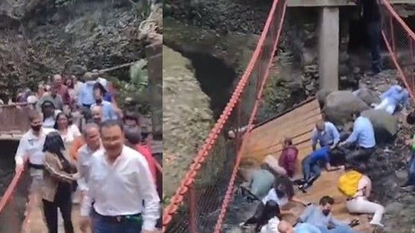 VIDEO: उद्घाटन करते ही भरभरा कर गिरा नया पुल, फीता काटने आए नेता पत्नी समेत गिरे नाले में