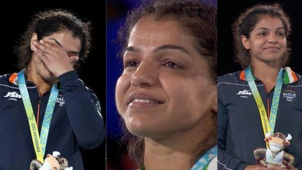 CWG 2022: पोडियम पर पहुंचकर रो पड़ीं Sakshi Malik, 4-0 से पिछड़ने के बाद जीता गोल्ड