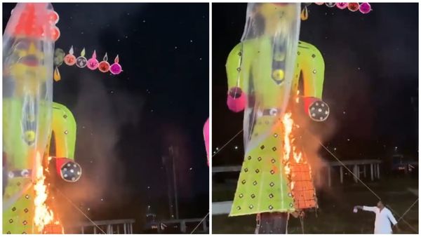 भोपाल में पेट्रोल छिड़ककर किया गया रावण का दहन, बारिश के कारण गीले हो गए थे पुतले