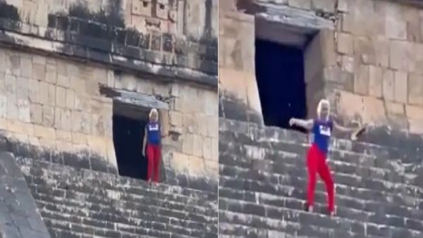 प्राचीन मंदिर की छत पर चढ़कर महिला पर्यटक करने लगी डांस, लोगों ने किया ये हाल, देखें VIDEO