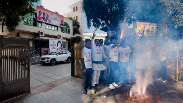 'अब कांग्रेस की बारी...' : एक दिन पहले दिल्ली के जिस दफ्तर पर लटका था ताला, अब वहां जमकर फूटे पटाखे