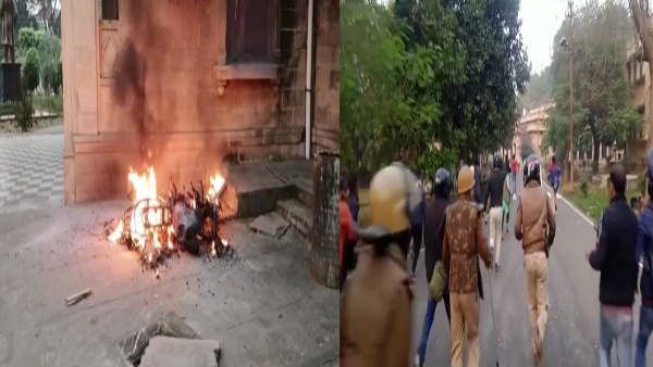 इलाहाबाद विश्वविद्यालय में छात्रों और सिक्योरिटी गार्डों में झड़प, कई कार और बाइकों समेत कैंटीन आग के हवाले