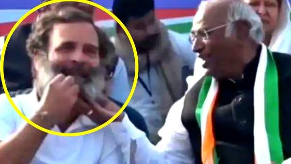 VIDEO : क्या राहुल की दाढ़ी पर 'फिदा' हो गए वयोवृद्ध खड़गे ? Bharat Jodo Yatra की तस्वीर वायरल