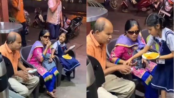 दृष्टि बाधित माता-पिता को बच्ची अपने हाथ से खिला रही खाना, सोशल मीडिया पर वायरल हो रहा वीडियो