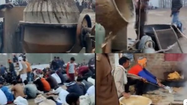 अनोखा भंडारा: सीमेंट क्रंक्रीट तैयार करने वाले मिक्सर में गूथा जा रहा आटा, ट्रॉली में बन रही सब्जी, VIDEO
