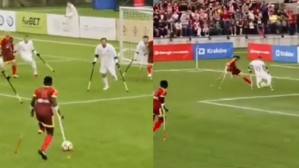 विकलांग खिलाड़ी बैसाखियों के सहारे खेल रहे फुटबॉल, किक मार कर रहे अद्भुत गोल, VIDEO जीत रहा लोगों का दिल