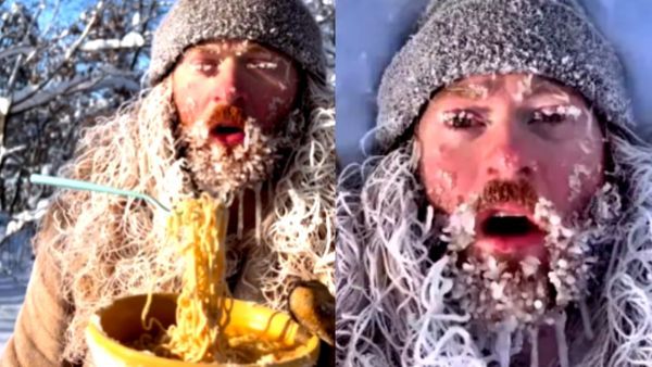 हवा में चम्मच समेत जम गया नूडल, शख्स की दाढ़ी और बालों पर जम गई बर्फ ही बर्फ, VIDEO