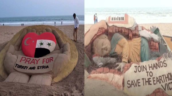 समंदर के किनारे Sand Art से उकेरा तुर्की और सीरिया का दर्द, आर्टिस्ट ने 'आकृति' से दिए 2 संदेश