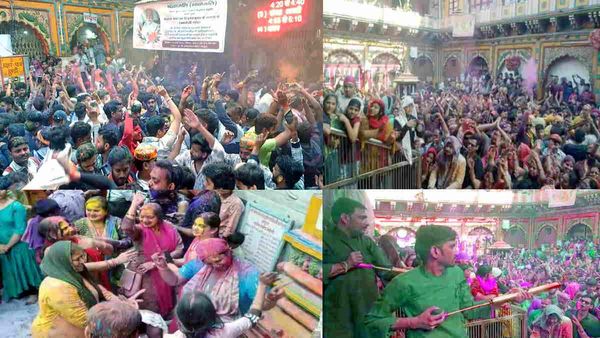 मथुरा बृज मंडल में श्री कृष्ण जन्मभूमि होली की धूम, श्रद्धालुओं पर जमकर हुई टेसू के रंग और गुलाल की वर्षा