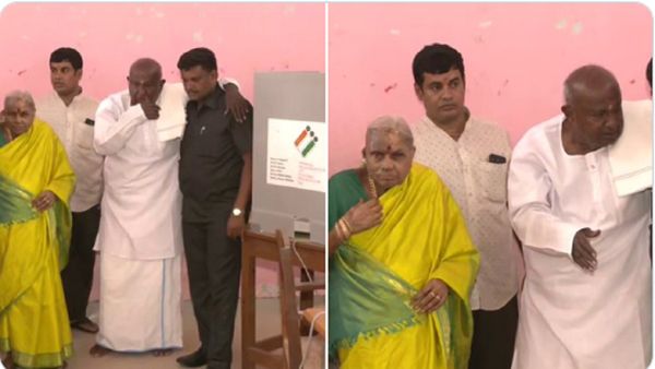स्वास्थ्य खराब में भी पोलिंग बूथ पहुंचे पूर्व PM देवगौड़ा, सुरक्षाकर्मी के कंधों पर हाथ रख किया मतदान, VIDEO