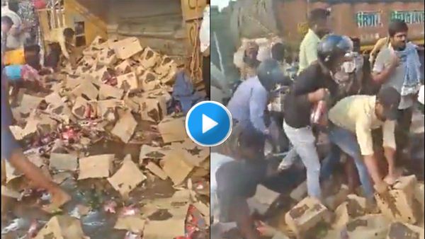 ऑन रोड 'बीयर बार' जैसा माहौल, ट्रक पलटते ही 'बोतल के दीवानों' ने खुली सड़क को बनाया मयखाना! VIDEO