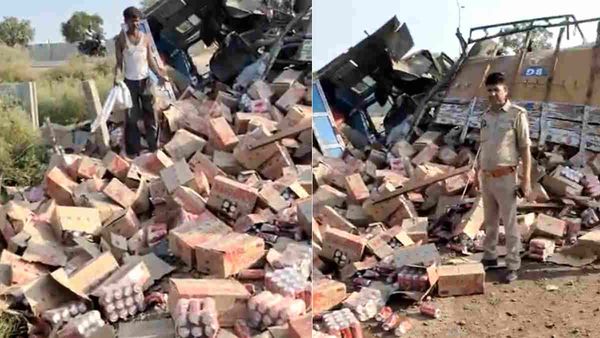 Kanpur: बीयर से लदा ट्रक कानपुर नेशनल हाईवे पर पलटा, ड्राइवर को बचाने की जगह ग्रामीणों में मची लूटने की होड़