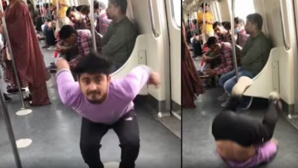 दिल्ली मेट्रो में बैकलिफ्ट मार रहा शख्स सिर के बल गिरा, लोग बोले- 'आ गया ना स्वाद...'