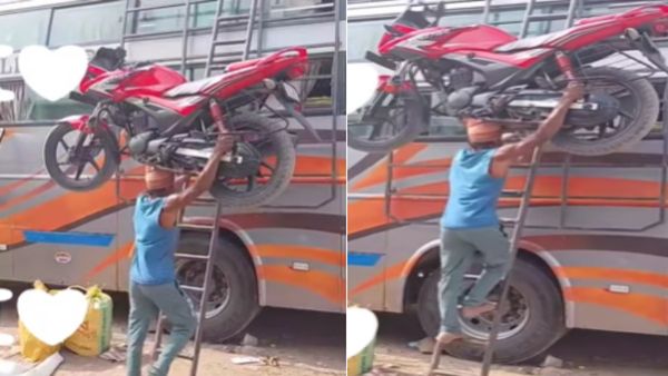 क्या आपने देखा असली 'बाहुबली'? 130 किलो की भारी-भरकम बाइक को खिलौने की तरह सिर पर उठाया, वायरल हुआ VIDEO