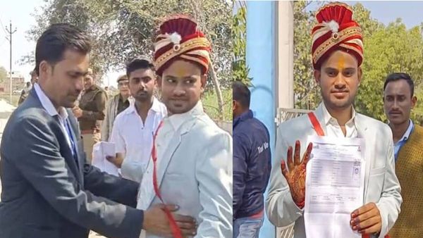 'शादी से पहले करियर जरूरी', महोबा में सिर पर पगड़ी, हाथों में मेहंदी लगाए UP पुलिस परीक्षा देने पहुंचा दूल्हा