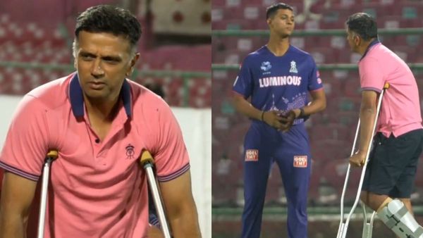 VIDEO: राहुल द्रविड़ को ये क्या हुआ? पाँव में प्लास्टर और हाथ बैशाखी से पहुंचे राजस्थान रॉयल्स, फैन्स हुए दुखी