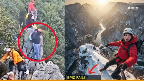 China: पहाड़ पर सेल्फी के चक्कर में 130 फीट नीचे गिरा ब्लॉगर, फिर भी बच गई जान, देखें- Video