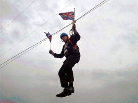 Mayor Boris Johnson gets stuck on zipwire over east London!