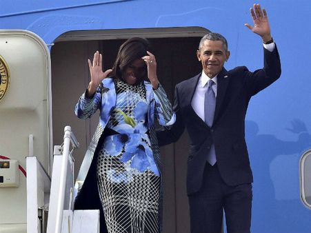 US First lady Michelle Obama arrives in Indian designer Bibhu Mohapatra's creation