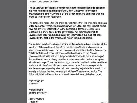 NDTV blackout- It is like emergency says Editors' Guild