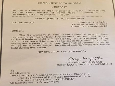 7 days state mourning announced over Jayalalithaa’s death