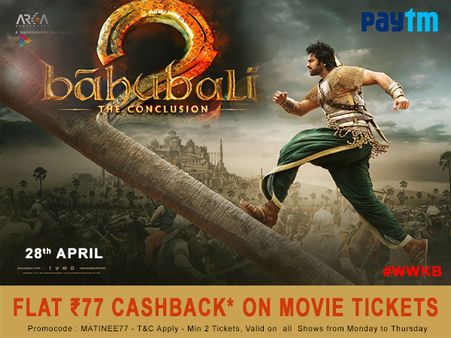 Oneindia Coupons Flash Sale! Bahubali Movie Tickets Flat Rs.77 Cashback*