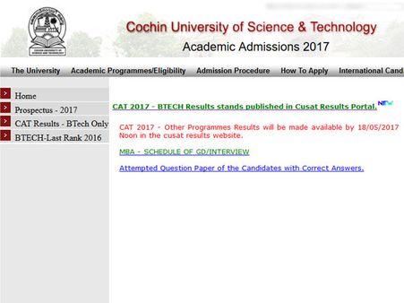 CUSAT CAT Ranks 2017: BTECH results published