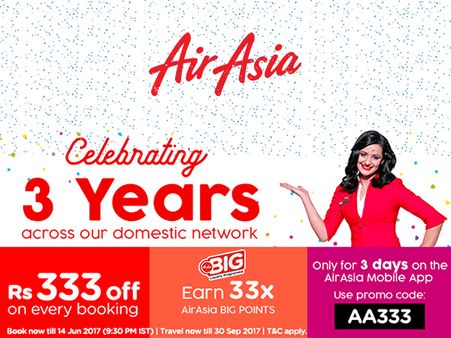 CONGRATULATIONS Air Asia On 3 Years Completion!! Get Rs.333 Off on Every Booking