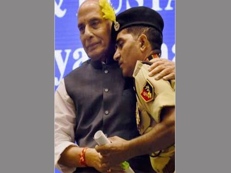 Rajnath breaks protocol, gives brave BSF jawan who battled terrorists a hug