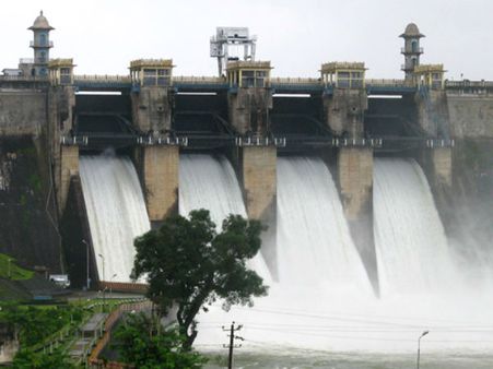 Harangi reservoir filled to capacity, crest gates opened
