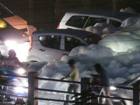 After the rain, comes the foam, cars wade through toxic froth in Bellandur