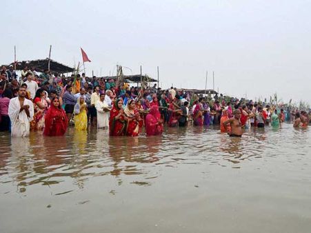 Green strictures for Chhat puja on the banks of River Mahananda in North Bengal