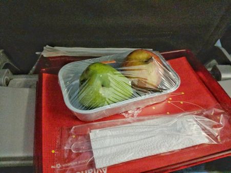 Apple and pear for full vegetarian meal in this flight