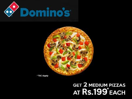 Dominos Sunday Treat: Grab 2 Pizzas at Rs. 199 each*