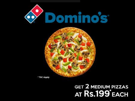 DINE WITH DISCOUNT: Buy Any 2 Domino's Pizzas from Rs. 199 Onwards**