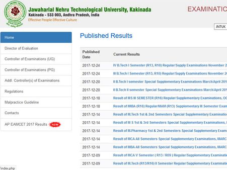 JNTUK BTech 2017 results regular/supply declared