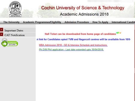 CUSAT CAT 2018 exam hall tickets released, steps to download