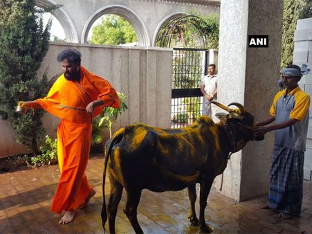 Sriramulu performs 'gau pooja', EVM placed as per 'Vaastu Shastra'