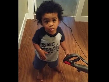 Toddler refuses to let do its mom household cleaning-up job; makes strong argument