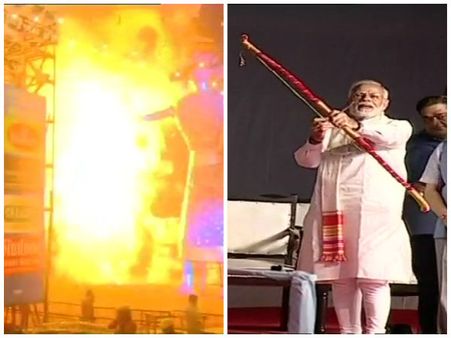 Narendra Modi burns effigy of Ravana during Dussehra celebrations at Ramlila Maidan