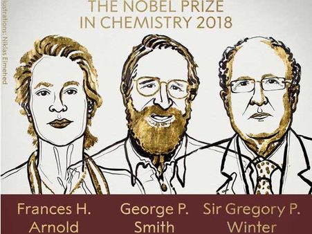 Nobel Prize in Chemistry 2018 goes to Frances H Arnold, George P Smith and Sir Gregory P Winter