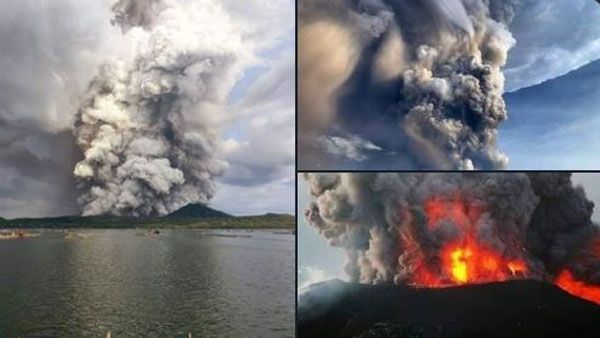 Ash illuminated by lightning spewed from a volcano in south Philippine