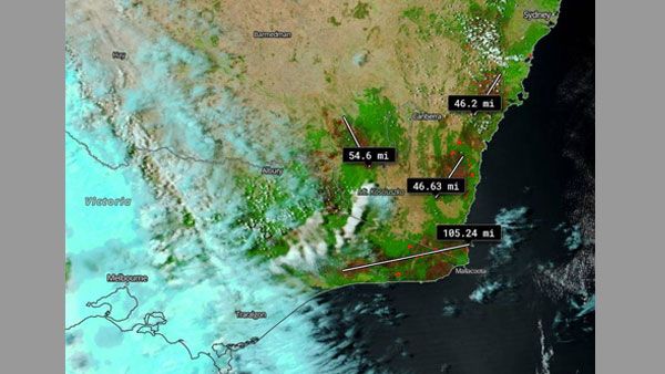 This satellite image of Australian bushfires from NASA shows burn scars in miles