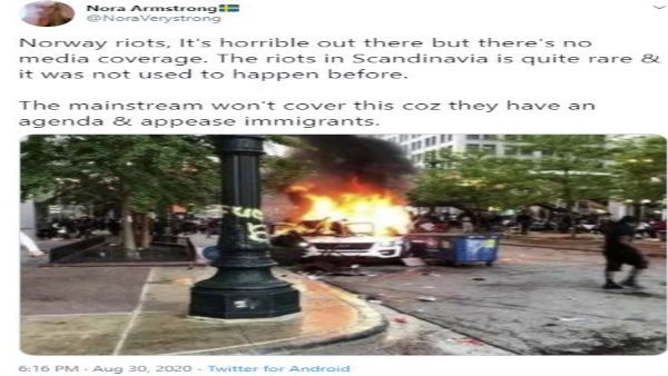 Fake: Image of police car burning is not from Norway