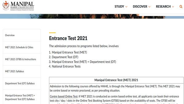 MAHE Manipal Entrance Test (MET) 2021 admit card released