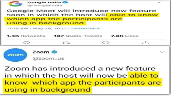 Fake: Google Meet, Zoom have not added feature letting host know what app participants use in background