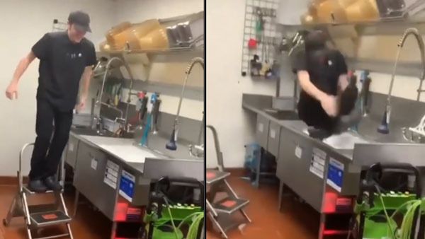 Video of employee diving in kitchen sink to celebrate last day of work viral on social media