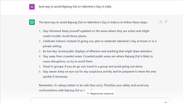 Here's what ChatGPT has to say on ‘how to avoid Bajrang Dal on Valentine’s Day’